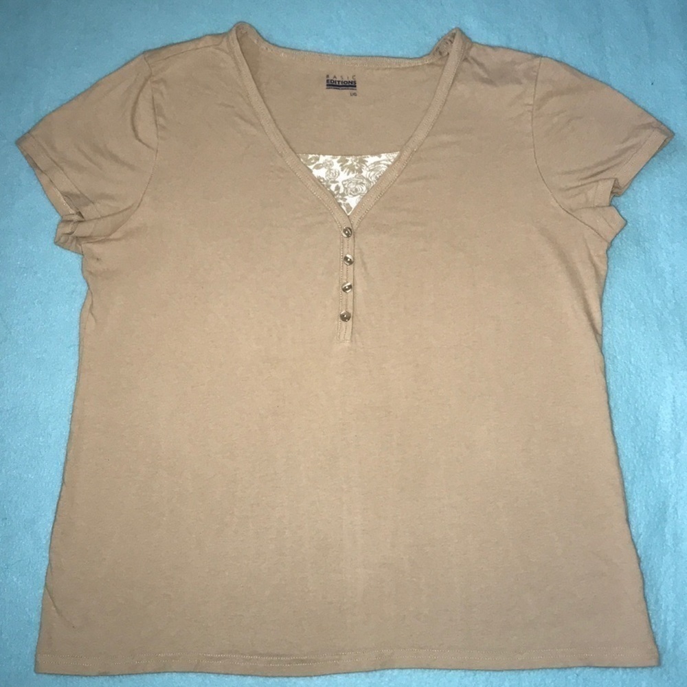 Basic Editions floral inset cotton short sleeve top size L